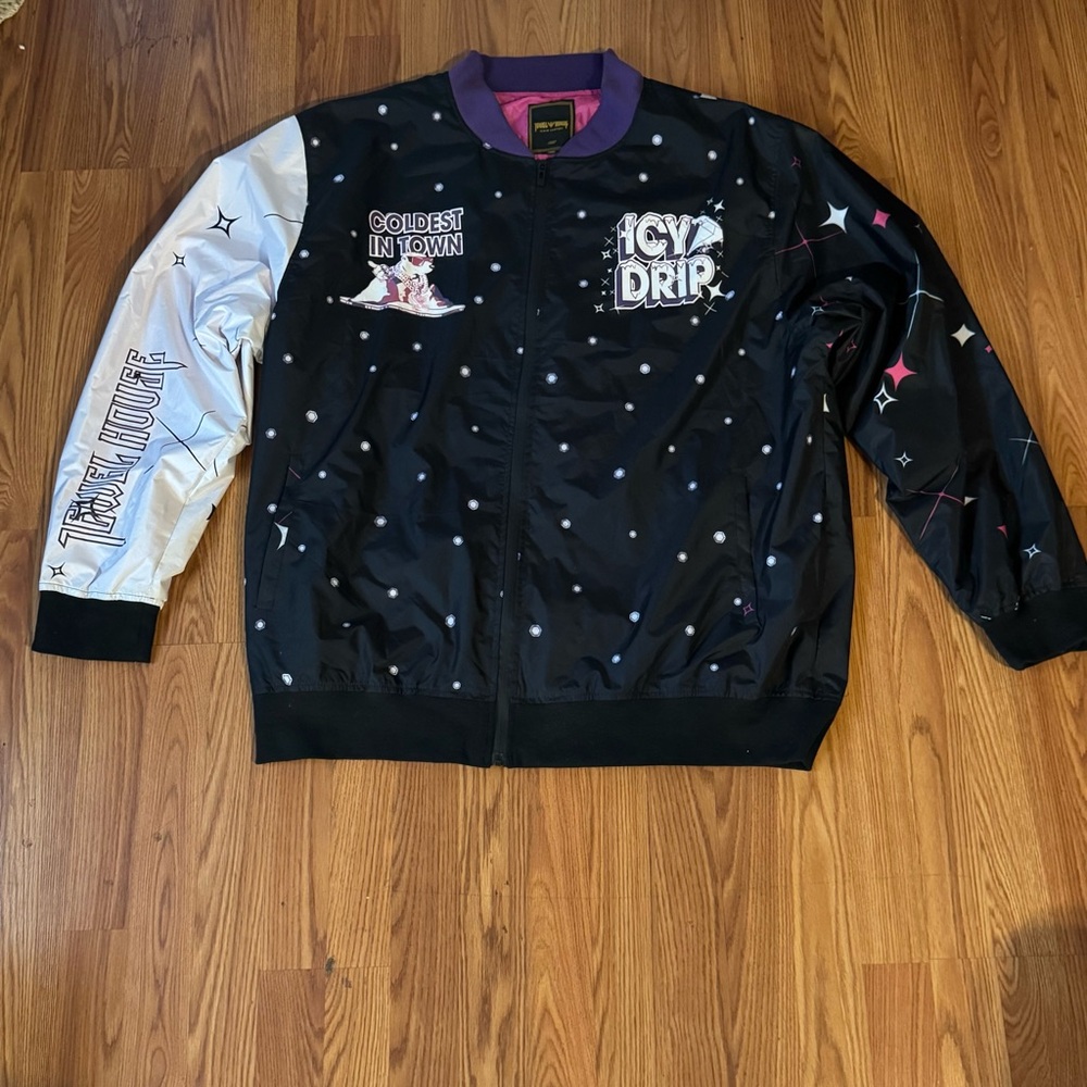 Jewel House Vintage Coldest in Town Embellished Black Purple‎ Bomber Jacket